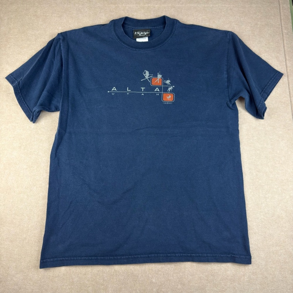 HUGE ALTA Utah T Shirt Mens M Navy Blue Ski Snowboard‎ Graphic Y2K